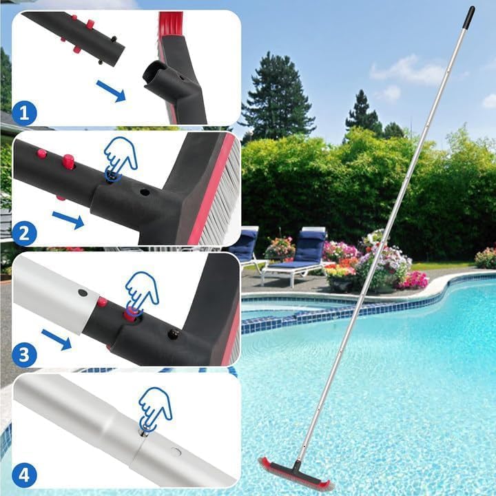 Poolvio Swimming Pool Brush with Pole - 17.5" Wall Brush with 10FT Adjustable Aluminum Pole, Nylon Bristles, Curved Ends, EZ Clip Handle, Pool Brush for Cleaning Walls, Tiles & Floors - Image 3